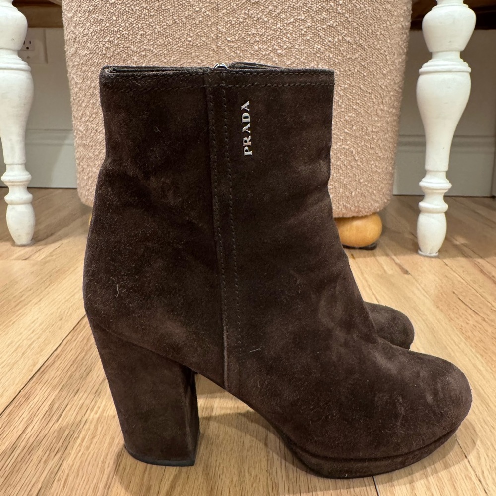 Prada Women's Brown Suede Block Heel Boots (size 37) - Picture 2 of 8